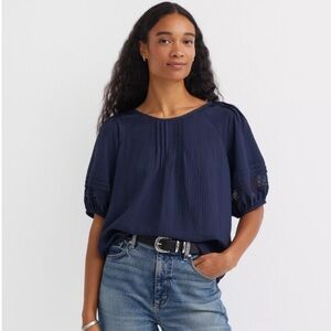 LOFT Navy Striped Lace Trim Pintucked Blouse - Size XS (NWT)